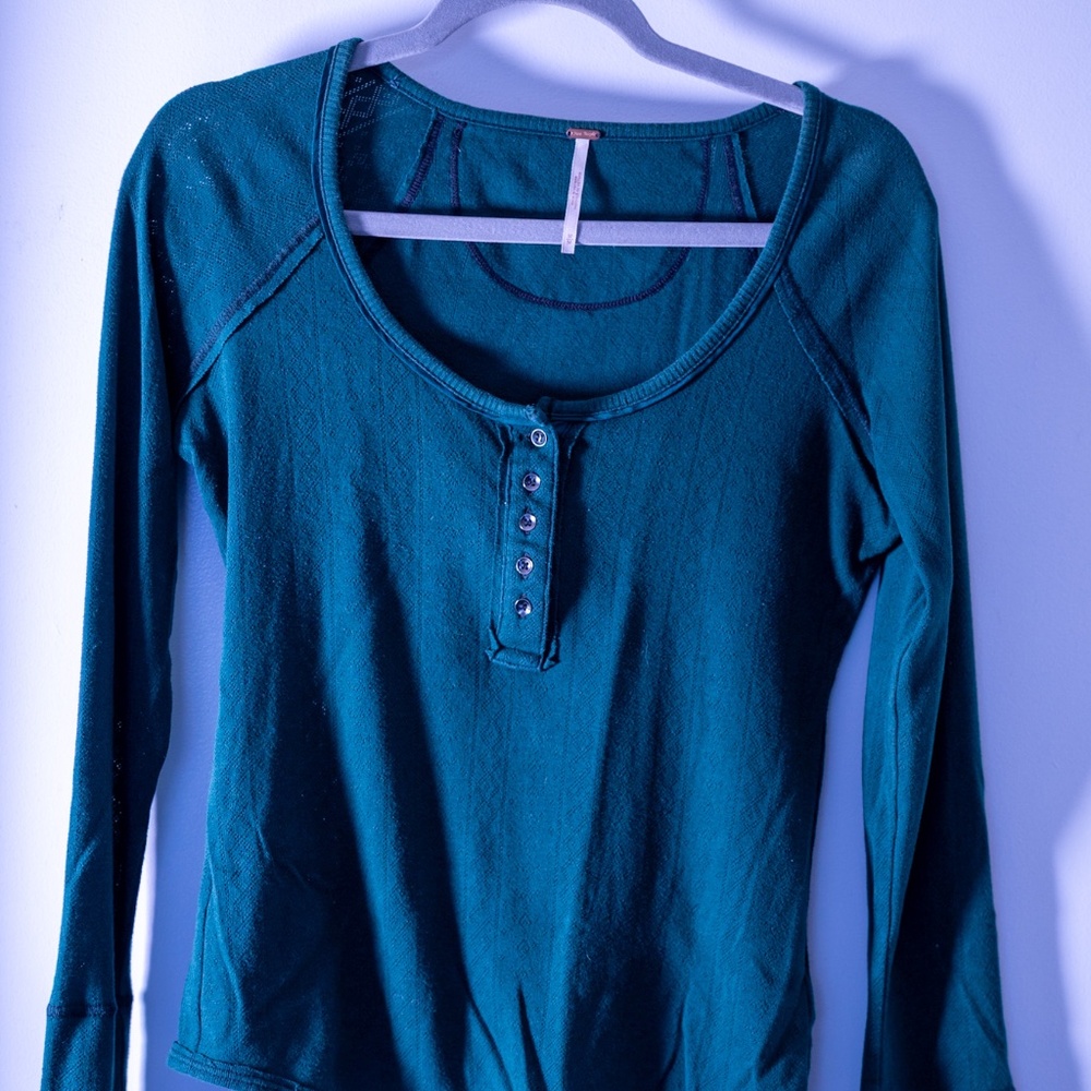 Free People Teal Thermal Henley Long Sleeve Top | Size M